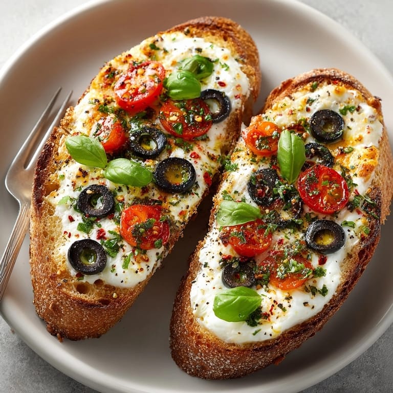 Freshly baked Ricotta-Stuffed French Bread Pizza garnished with basil, ready to slice and serve hot.