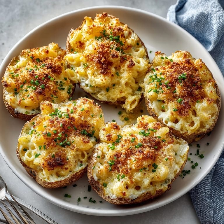 Close-up of cheesy macaroni-filled potato skins, hot and ready for party appetizers.