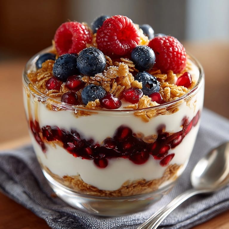 Close-up of a Pomegranate Yogurt Parfait with Granola, topped with pomegranate seeds and honey drizzle.