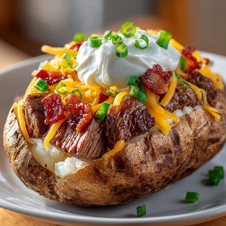 Homemade Ultimate Loaded Baked Potato with Steak Bites featuring crispy bacon and gooey cheese, ready to eat