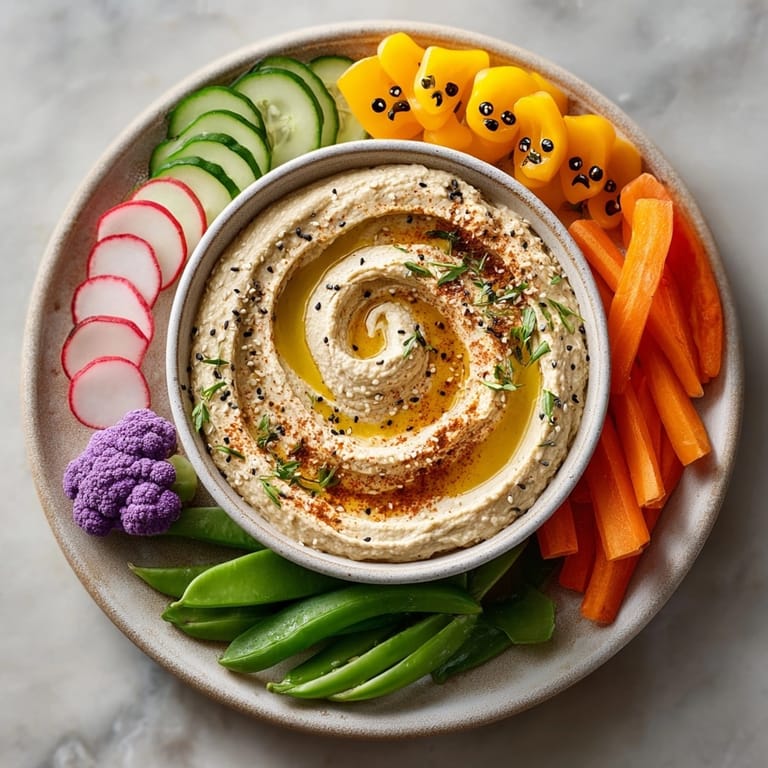 Delicious and healthy Black Bean Hummus appetizer with colorful spooky vegetable shapes, ready to eat.