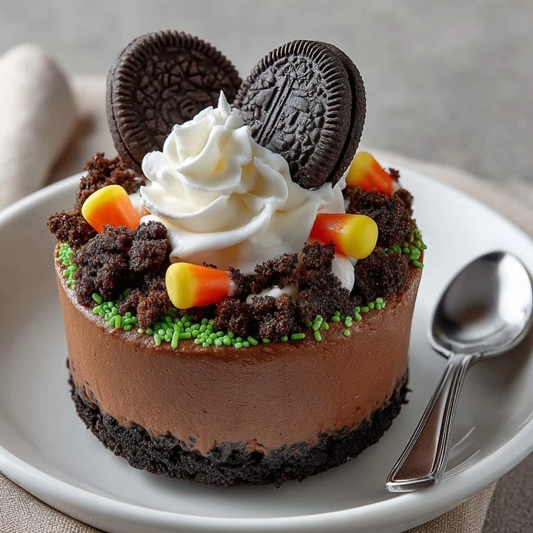 Spooky Haunted Graveyard Pudding Cups: Layers of rich chocolate, crumbly cookies, and creepy decorations.