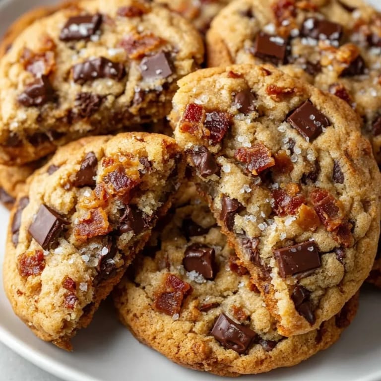 Close-up of a gooey Maple Bacon Chocolate Chip Cookie, speckled with bacon bits.