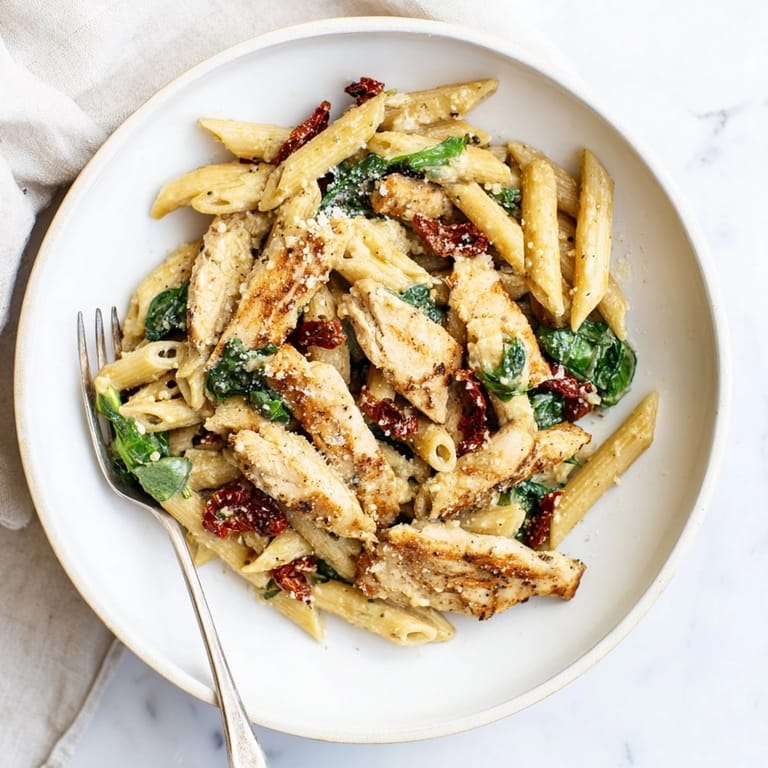 Close-up of Tuscan Chicken Pasta, highlighting the creamy sauce and chicken in garlic Parmesan.