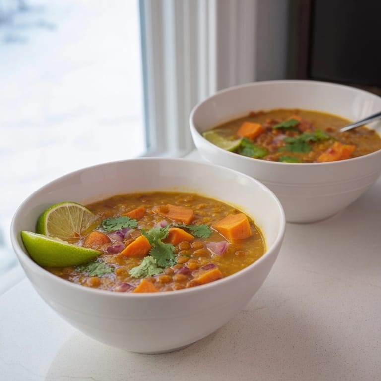 Homemade vegan Coconut Sweet Potato Lentil Soup recipe, a comforting and healthy meal.