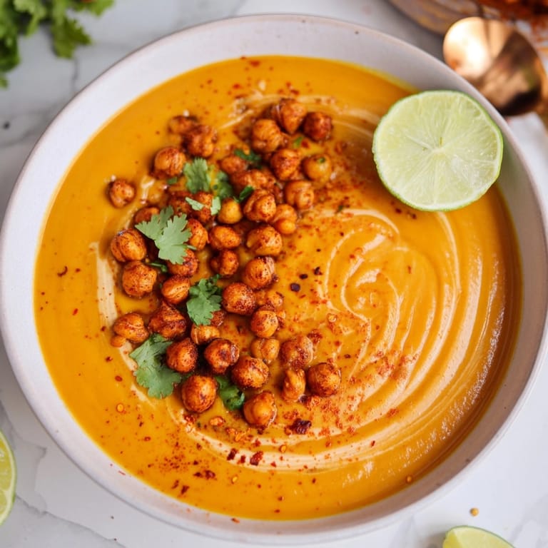 A bowl of vibrant Thai Pumpkin Soup, topped with crunchy spiced chickpeas.