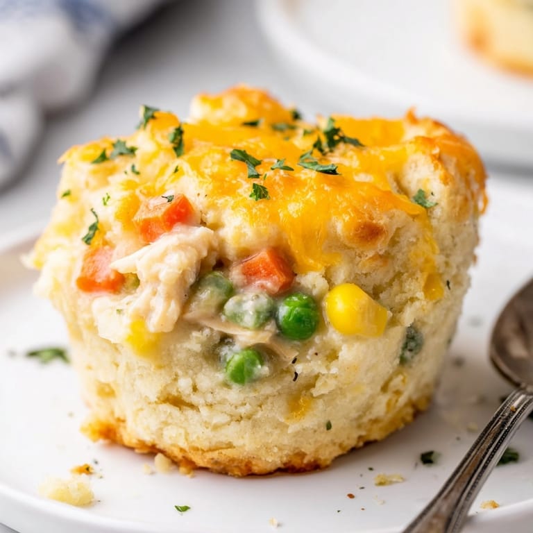 Cheesy Garlic Chicken Pot Pie Muffins recipe: Bite-sized comfort food, savory and cheesy.