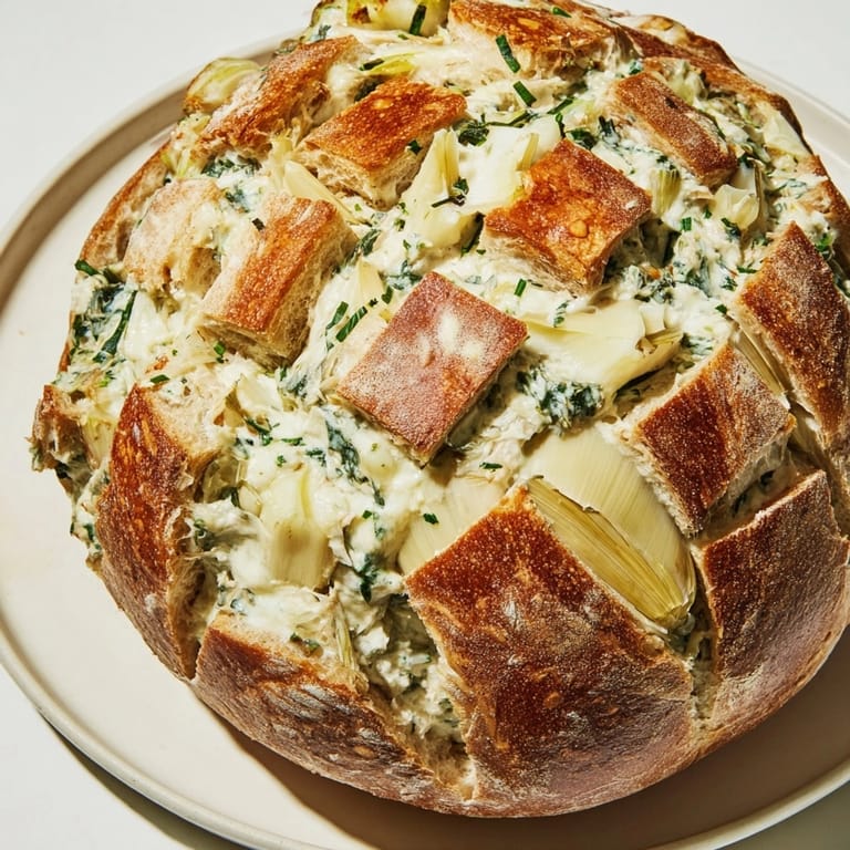 Close-up of loaded Alfredo Spinach Artichoke Bread; perfect for dipping, fresh from the oven.