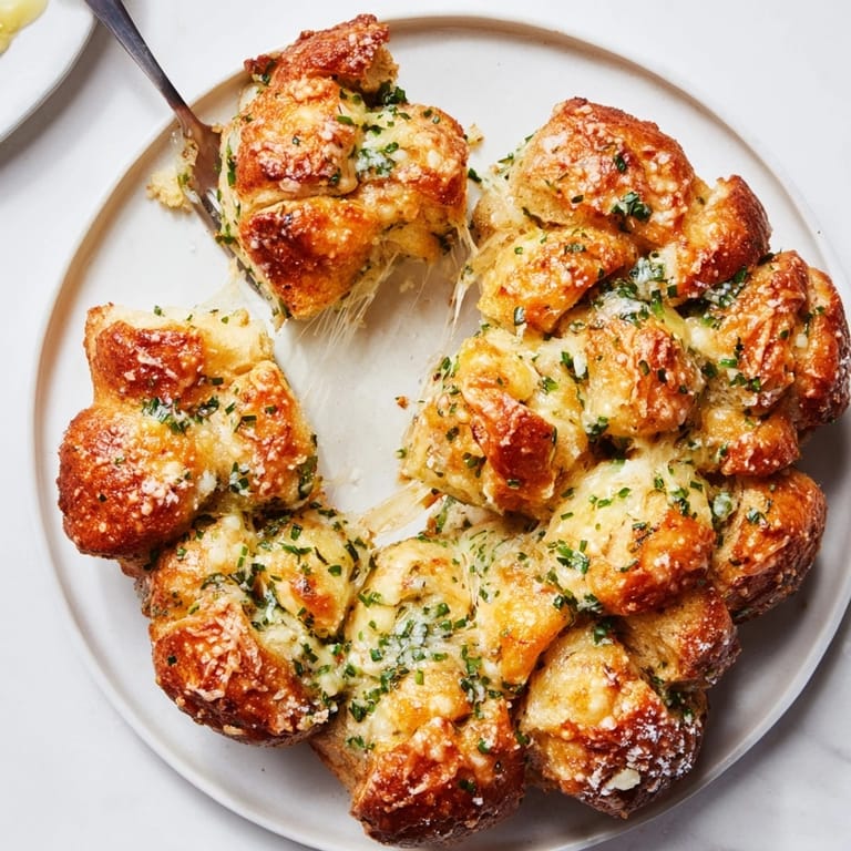 A warm, savory Garlic Parmesan Monkey Bread fresh from the oven and sliced open.