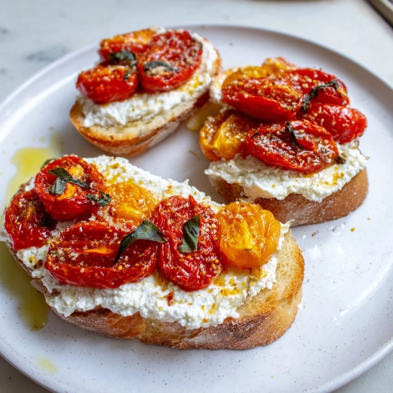 Making Ricotta Roasted Tomato Toasties: Spreading creamy ricotta over toasted sourdough bread slices.