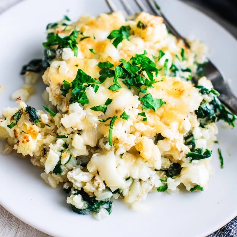 Baked Alfredo Cauliflower Rice Casserole, sprinkled with fresh parsley, a warm, savory meal.