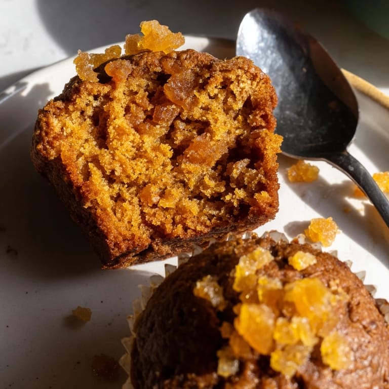 Warmly baked Spicy Pumpkin Muffins topped with chunks of sweet candied ginger.  