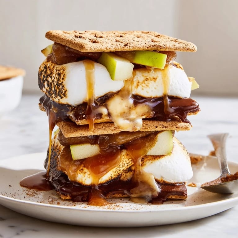 Delicious Caramel Apple S'mores Stack featuring chocolate and warm, melty marshmallows.