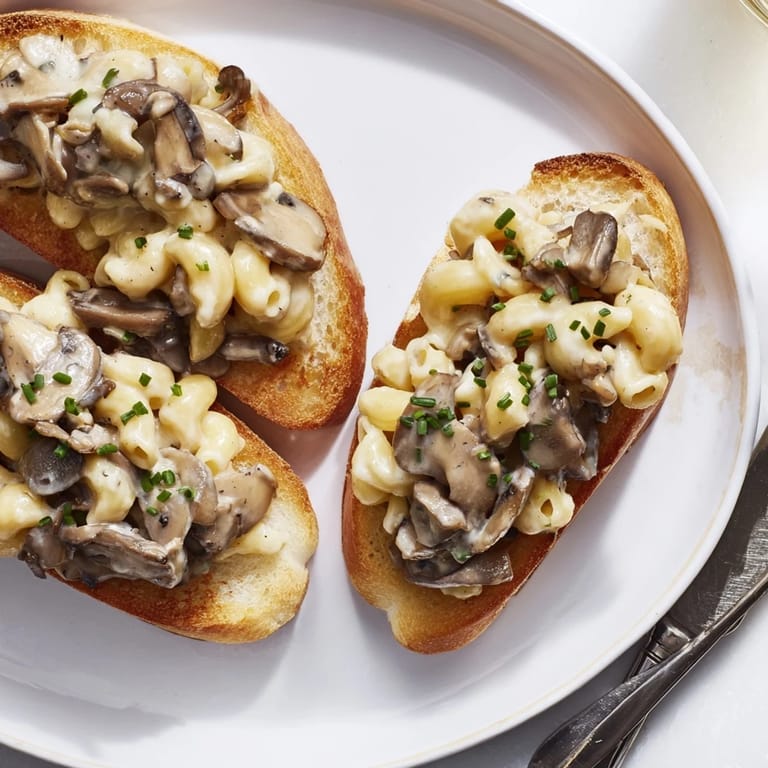 Golden crostini topped with rich truffled mushroom macaroni, perfect for any gathering.  