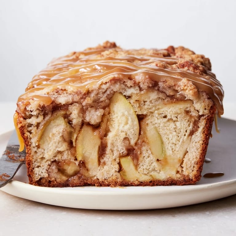 Warm slices of Salted Caramel Apple Fritter Loaf surrounded by fresh apple chunks.  
