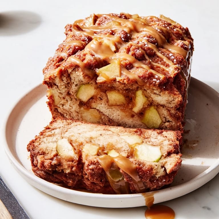 Golden-browned Salted Caramel Apple Fritter Loaf topped with decadent salted caramel drizzle.