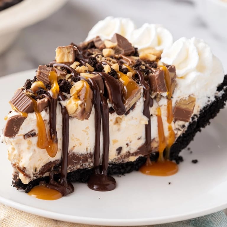 Delicious layers of creamy filling and fizzy cola in a Snickers soda float pie.  
