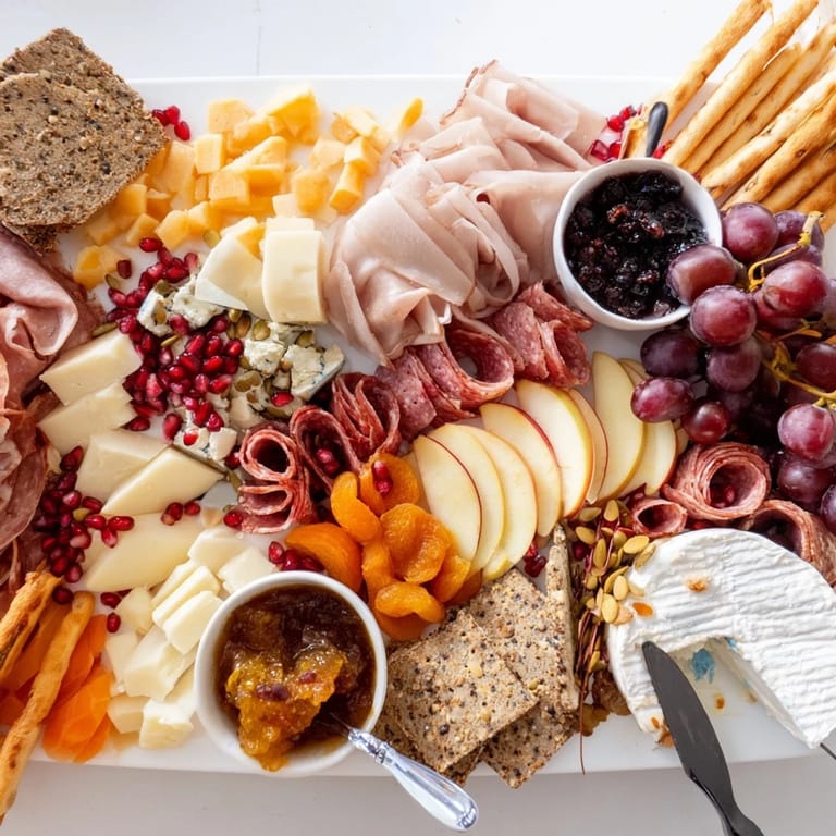 Vibrant Autumn "Chaos" Charcuterie Board filled with cheese, grapes, and rustic treats.  