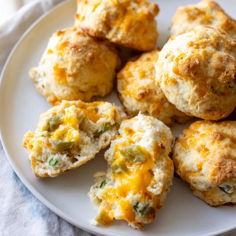 Freshly baked Cheesy Pickle Stuffed Biscuits, golden brown with melted cheese oozing out.