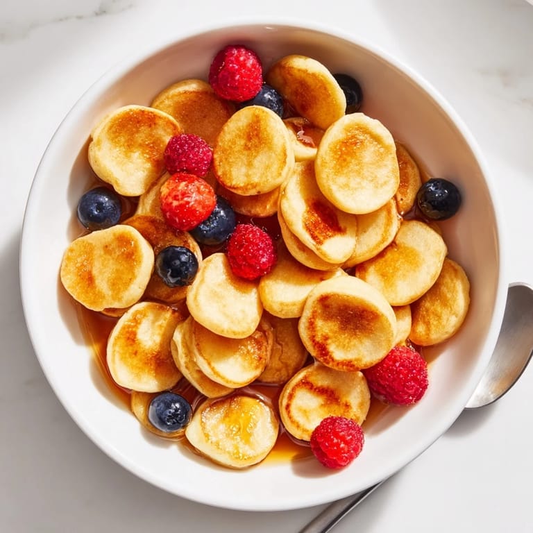 Fluffy bite-sized Mini Pancake Cereal garnished with sliced banana and maple syrup.  