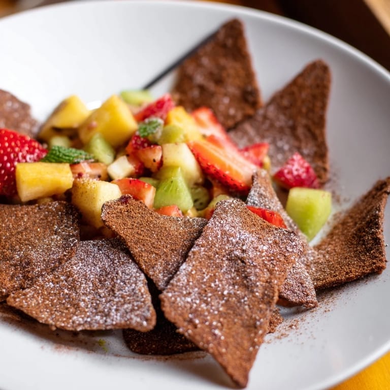 Homemade chocolate chips paired with bright fruit salsa for a fun dessert treat.