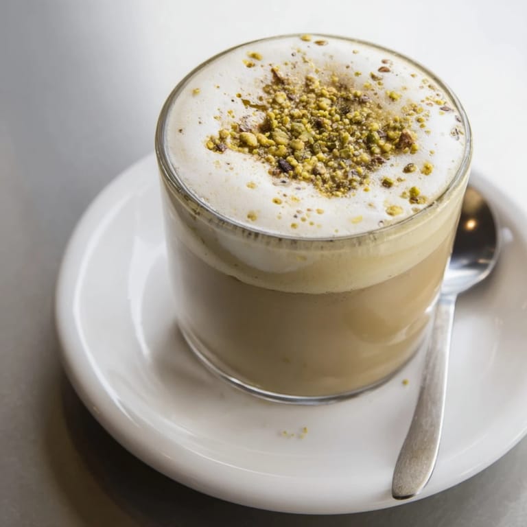 Image of a homemade pistachio milk latte garnished with nutty crushed pistachios.  
