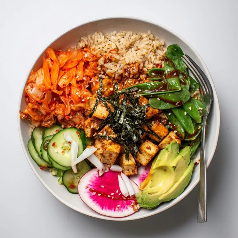 Healthy fermented vegetable bowl featuring tangy kimchi and vibrant seasonal veggies.  