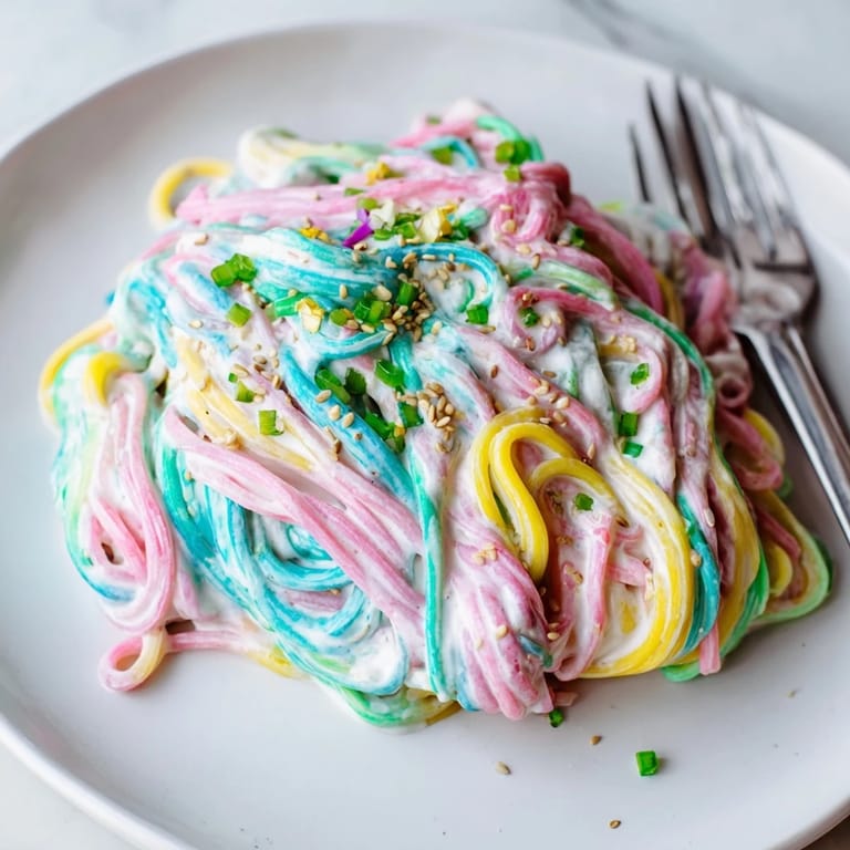 Delightful Neon Noodle Cloud presented with edible flowers and sesame seeds for an appealing look.  