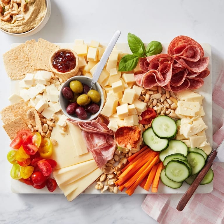 Delicious assortment on the Girl Dinner Platter showcases cheeses and fresh vegetables.  