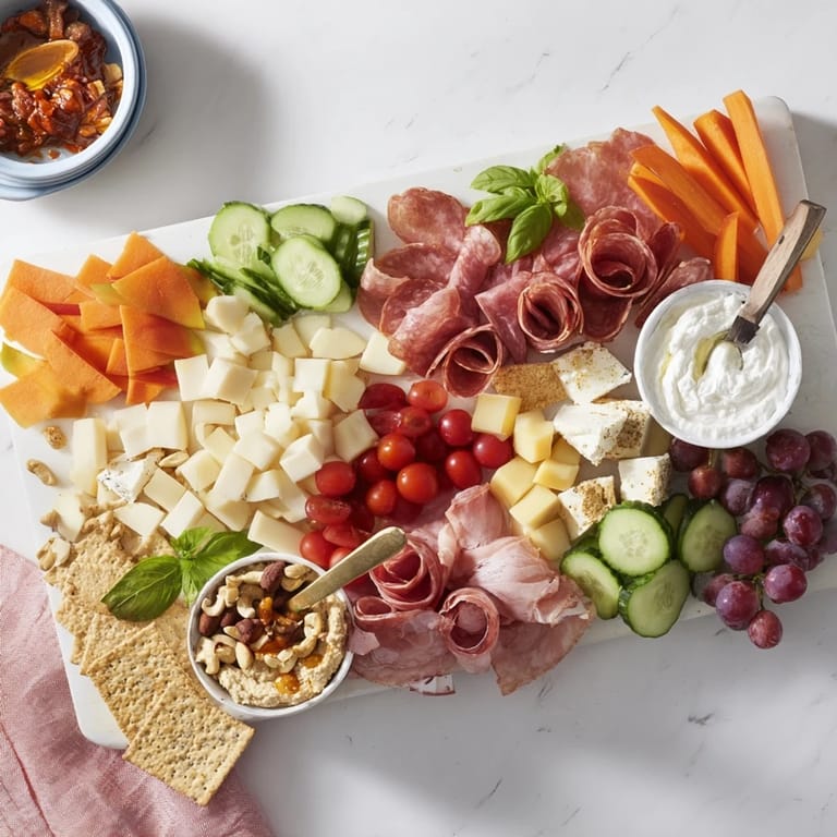Charming Girl Dinner Platter filled with snacks, cheese, and sweet fig jam.