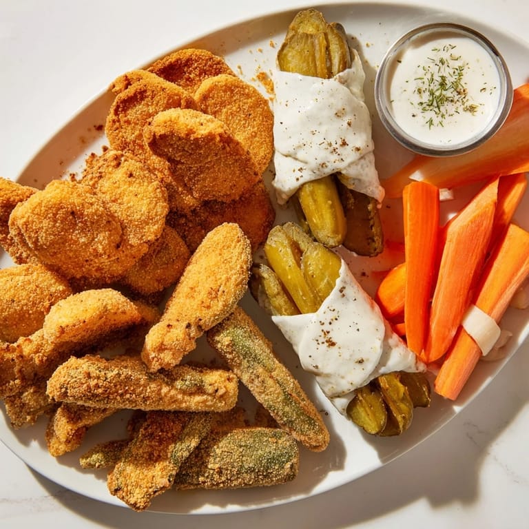 Golden, crunchy fried pickles paired with zesty pickled wraps make a perfect party dish.