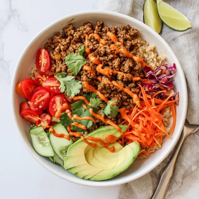A hearty plant-based meat bowl featuring quinoa, fresh vegetables, and zesty sauce.