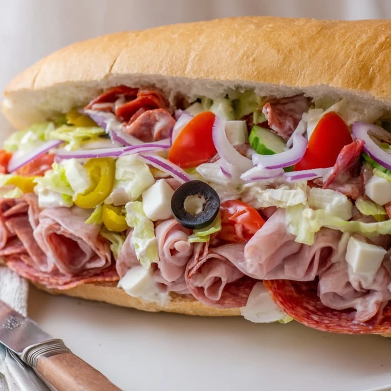 Savory Flavor Mash-Up Sandwich stacked high with meats, cheeses, and zesty toppings.