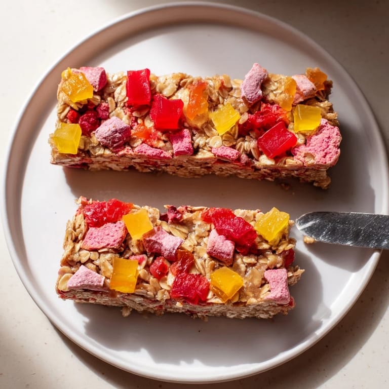 Vibrant snack bars featuring chewy gummies and crispy freeze-dried candy mash-up.