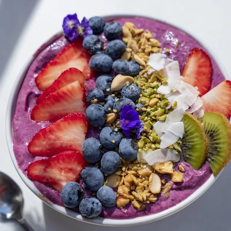 Beautiful vibrant smoothie bowls featuring purple yam, pistachio, and fresh berries.  
