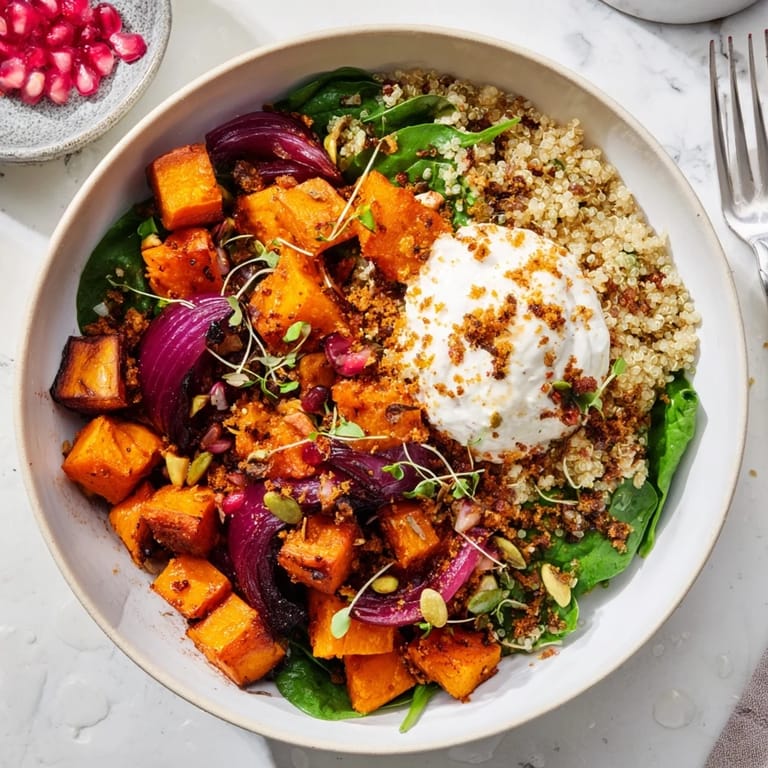 Comforting spiced winter bowls filled with quinoa, roasted veggies, and vibrant garnishes.  