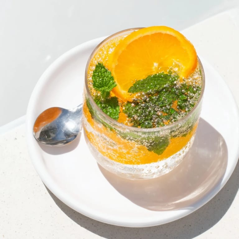 Brightly colored probiotic soda mocktail garnished with orange slices and fresh herbs.  