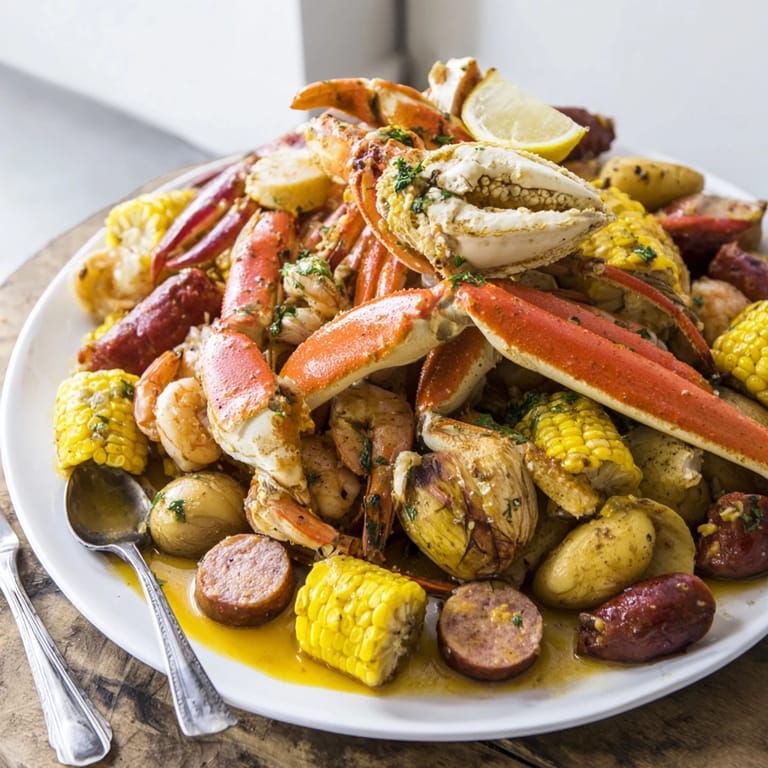 Delicious Seafood Boil featuring juicy sausage, corn, and aromatic Cajun spices.  