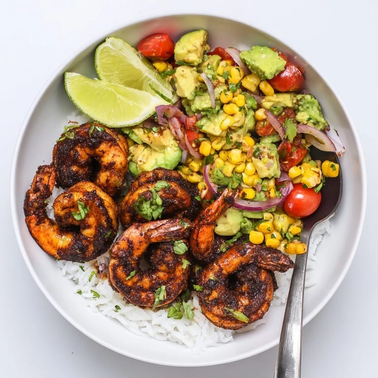 Colorful blackened shrimp bowl with avocado corn salsa and fresh lime wedges for serving.