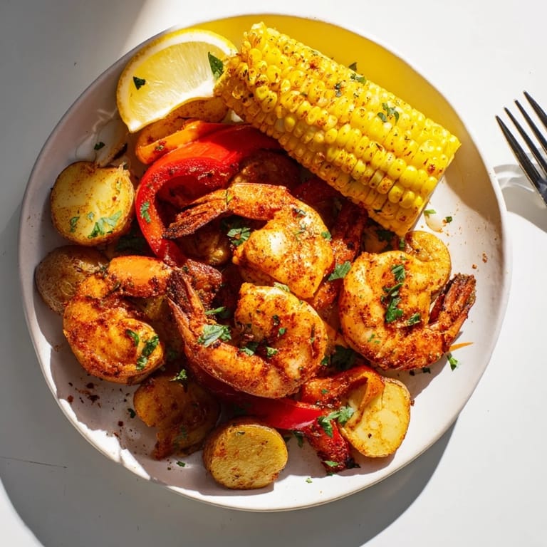 Colorful Cajun shrimp and sweet corn dish, perfect for festive gatherings outdoors.  