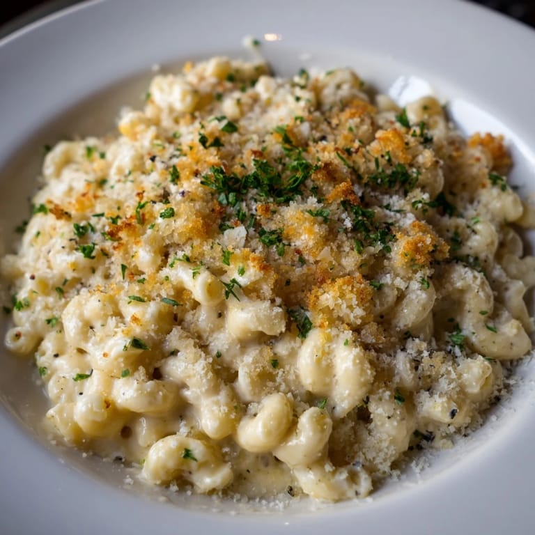 A close-up view of baked Truffle Macaroni & Cheese, topped with crispy breadcrumbs and parsley.