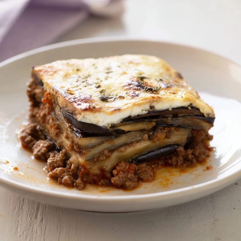 Close-up of a serving of moussaka, revealing tender eggplant under a rich, creamy sauce.