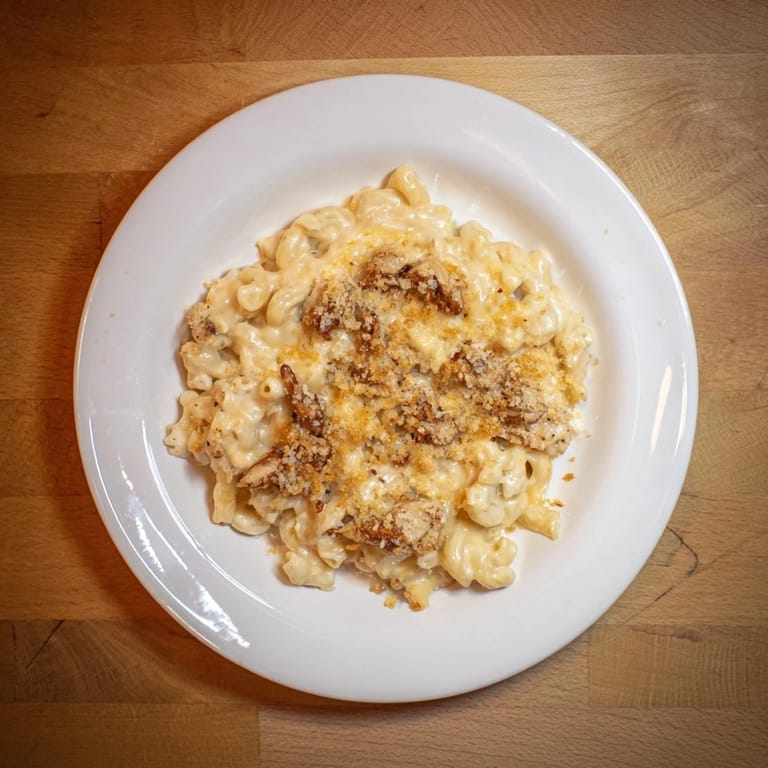 Smoky BBQ chicken topping creamy, cheesy Classic Mac & Cheese, fresh from the oven, offering a delightful aroma.