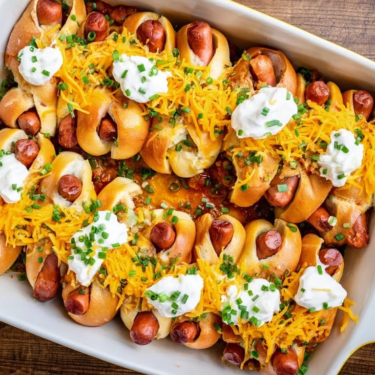 Hot, cheesy Chili Dog Casserole with visible hot dog pieces, a comforting American classic.