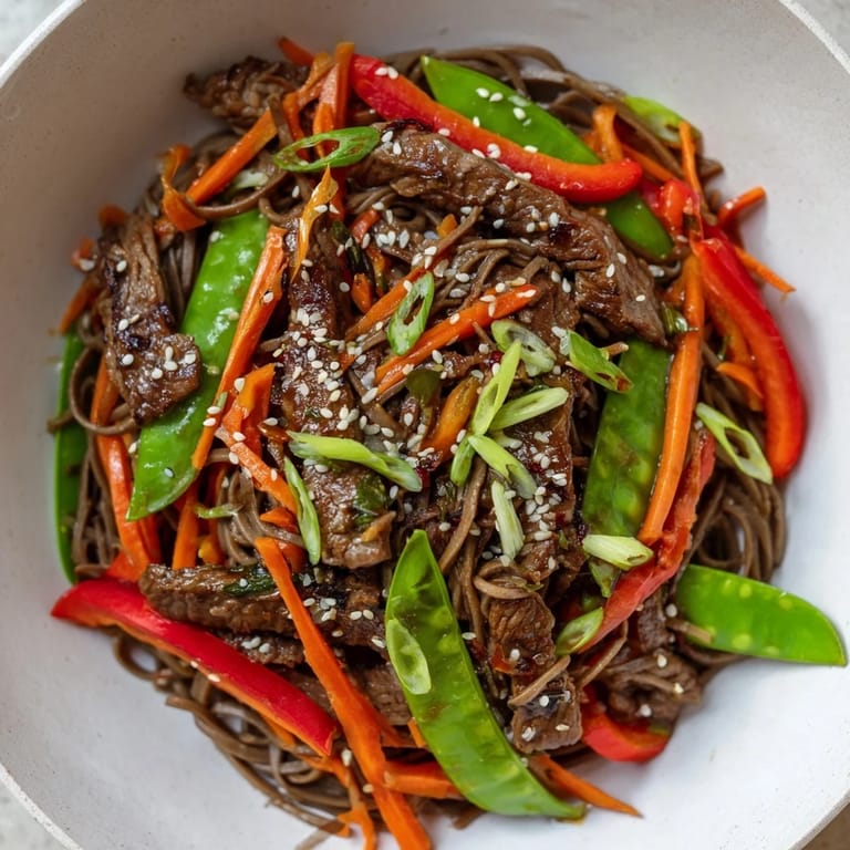 This vibrant Teriyaki Beef & Noodle Bowl shows tender beef and noodles, sprinkled with sesame seeds, ready to eat.