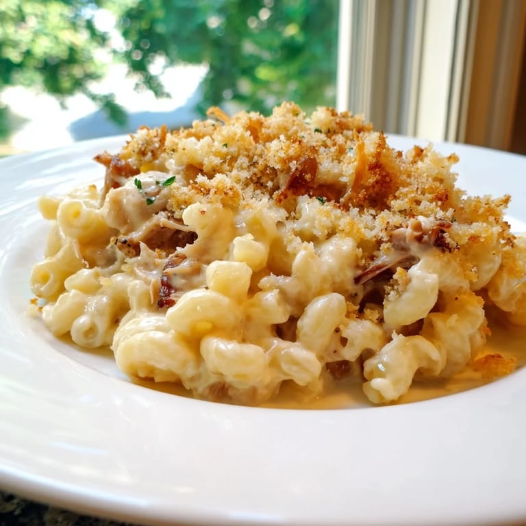 Creamy mac and cheese layered with tender pulled pork, making the perfect BBQ mac and cheese for dinner.