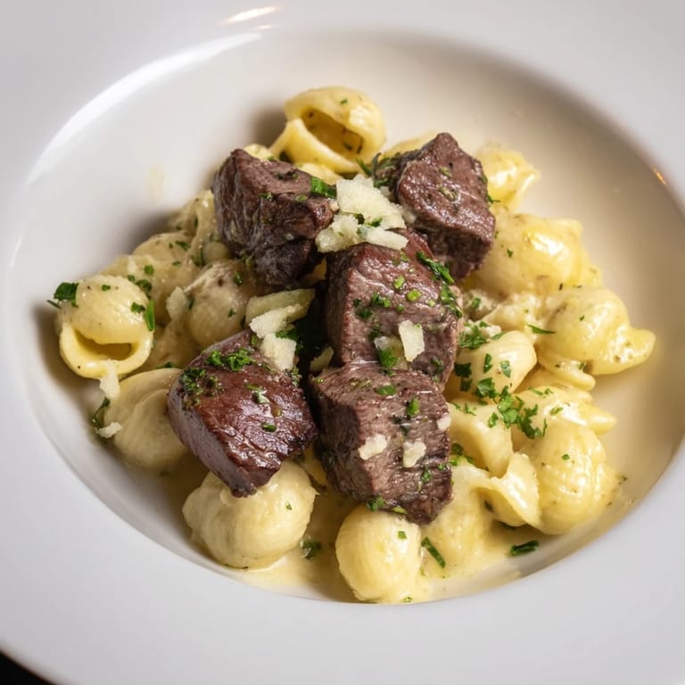Golden-brown garlic butter steak bites mingling with cheesy shells, a comforting American classic.