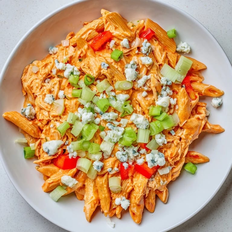 This quick and easy Buffalo Chicken Pasta Skillet shows off tender chicken, pasta, and melty cheese.