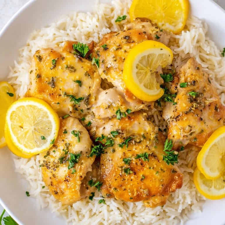 A serving of aromatic Lemon Pepper Chicken with rice: tender chicken and perfectly cooked grains in a bright sauce.