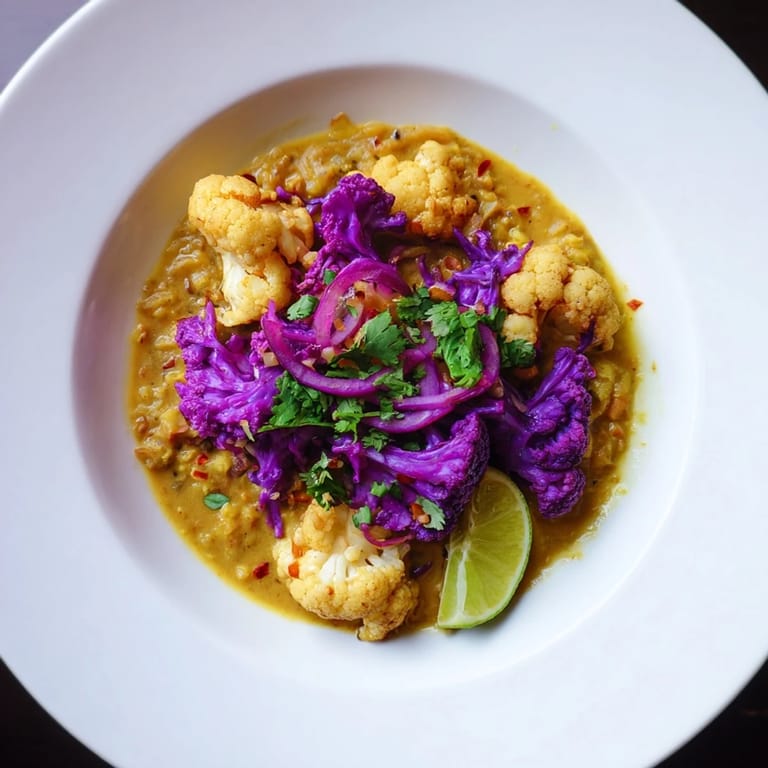 This creamy Red Cabbage, Cauliflower & Coconut Dhal features tender vegetables in a spiced coconut broth.